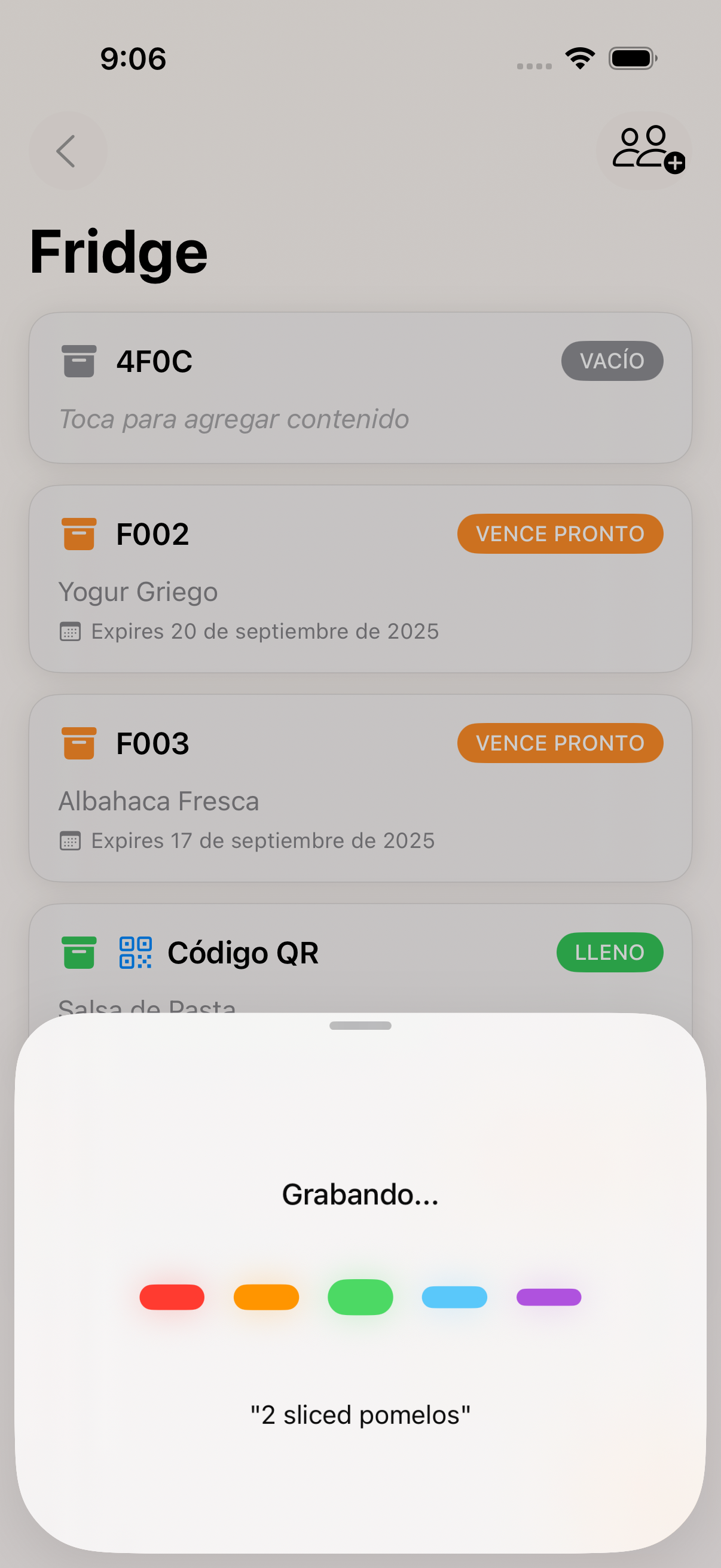 FoodLabel app showing voice input for food containers